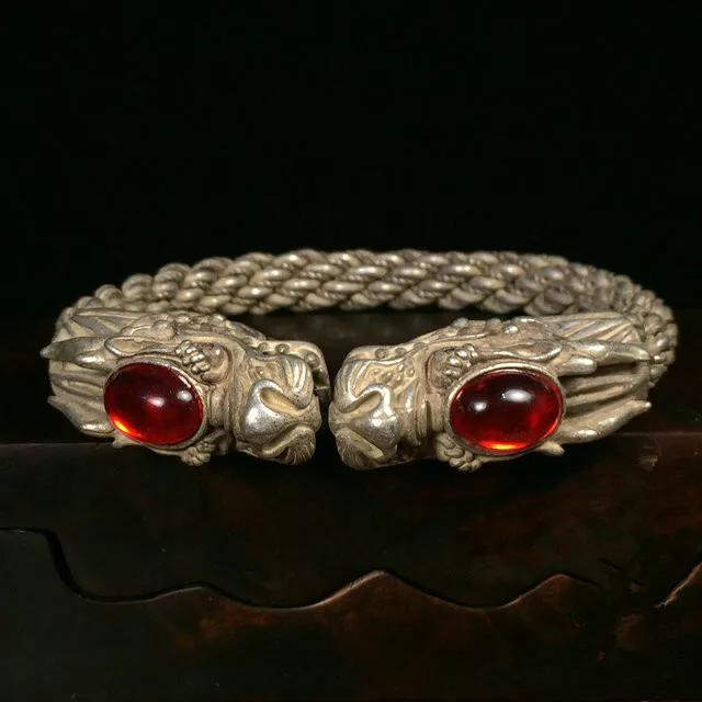 Collectible Chinese Ruby Tibet Silver Handwork Auspicious Dragon Bracelet