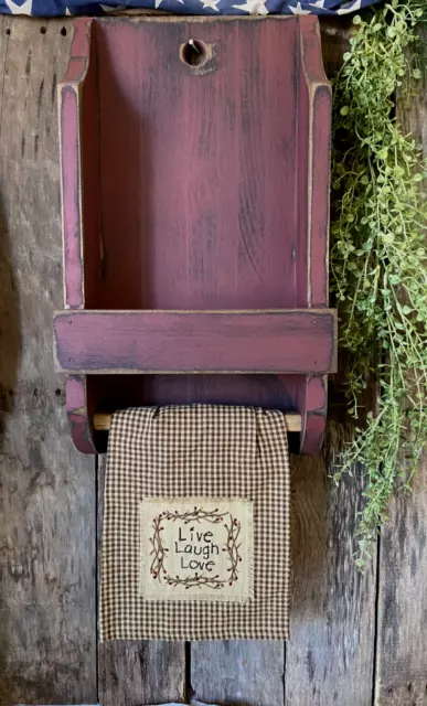 Primitive Country Farmhouse Rustic Burgundy Handcrafted Wood Towel Bar W/ Shelf