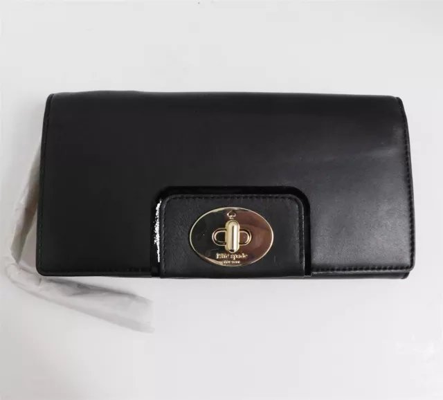 New Kate Spade Turnlock Mara Hampton Road Black Leather Clutch Wallet