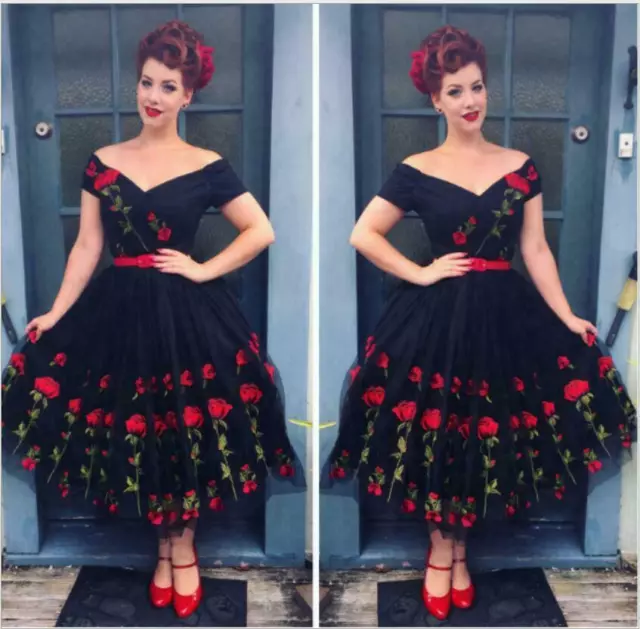 Womens 50s Style Vintage Retro Rockabilly Off Shoulder Evening Party Dress