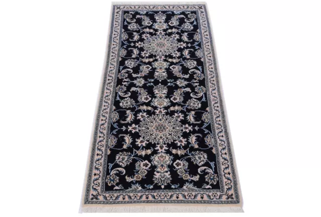 Nain Alfombra 204 X 78CM Anudada a Mano Oriental Persa Floral Azul Nuevo