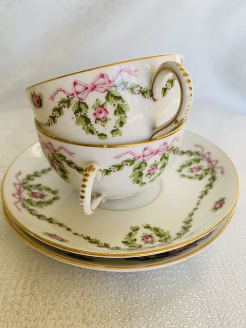 Limoges France Cups And Saucers Pink Bows Ribbons Swags