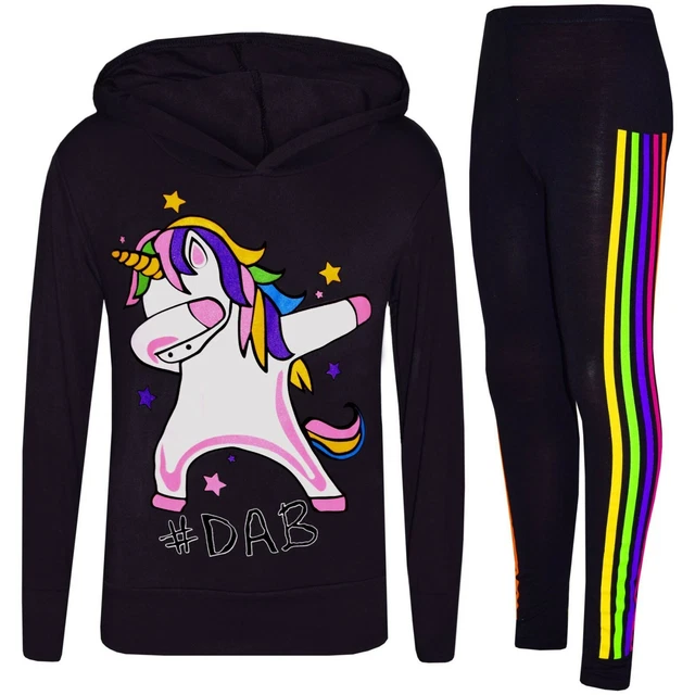 Kids Girls Xmas Tracksuit Unicorn Rainbow #Dab Floss Black Top Legging Set 7-13Y