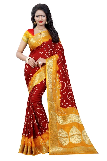 Women's Rust Latest Zari Woven Design Bandhani Art Silk Saree & Blouse MT994
