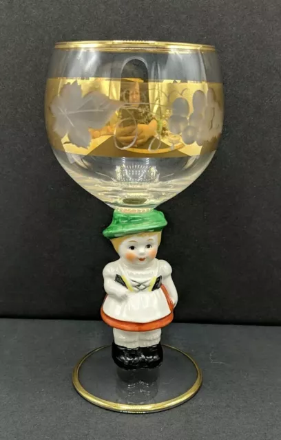 Hummel Figure Bavarian GIRL Gold Glass Etched Crystal Wine Glass