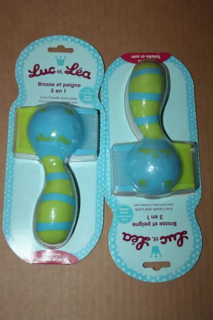LUC ET LEA - Brosse et Peigne Cheveux  Bébé 3 en 1   Bleu / Vert (lot de 2)