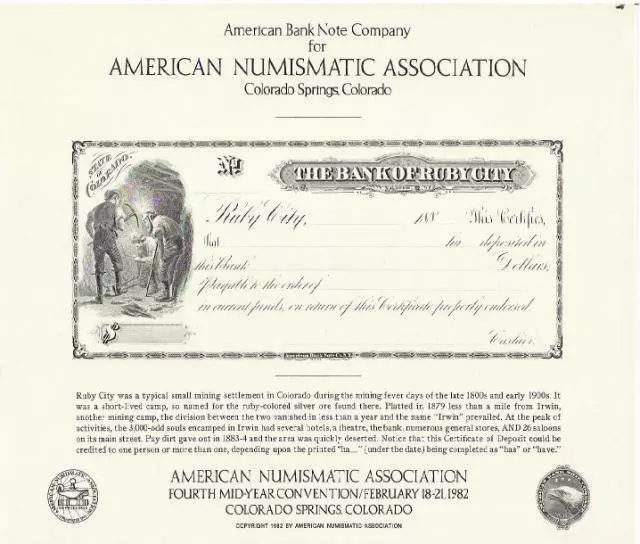 ABNC souvenir card SO 23 ANA MY 1982 Ruby City CO Certificate of Deposit 1880s