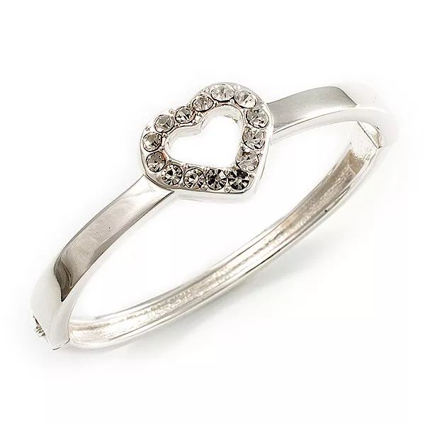 Romantic Crystal Heart Hinged Bangle Bracelet (Silver Tone)