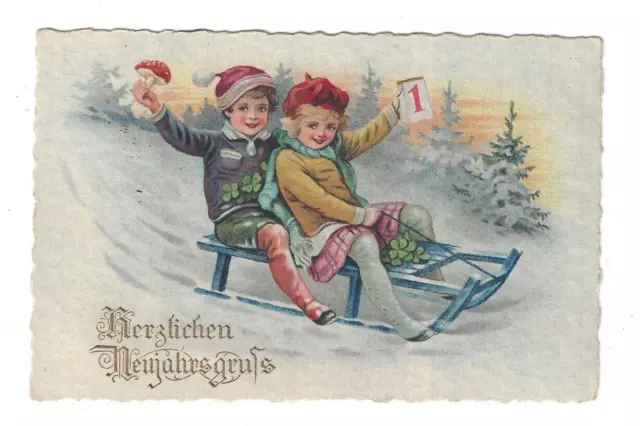 alte AK von 1931, Neujahr, Kinder, Schlitten, Tannen, Winterland