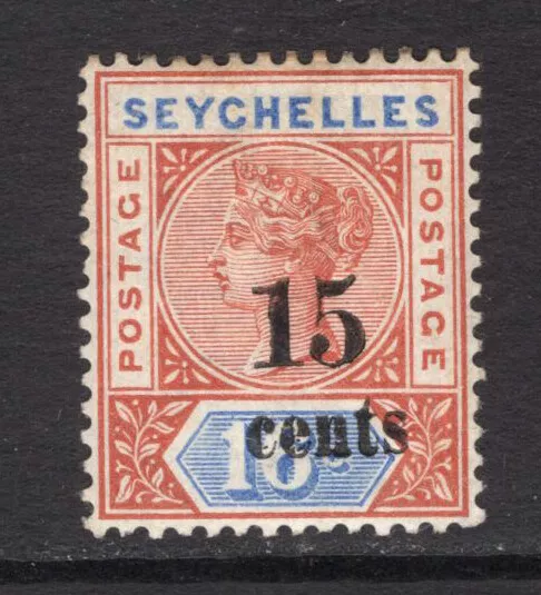 M18937 Seychelles 1893 SG19 - 15c on 16c chestnut & blue Die II.