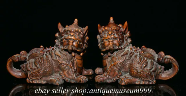 4.4" Rare Old China Boxwood Wood Feng Shui Pixiu Beast Unicorn Lucky Statue Pair