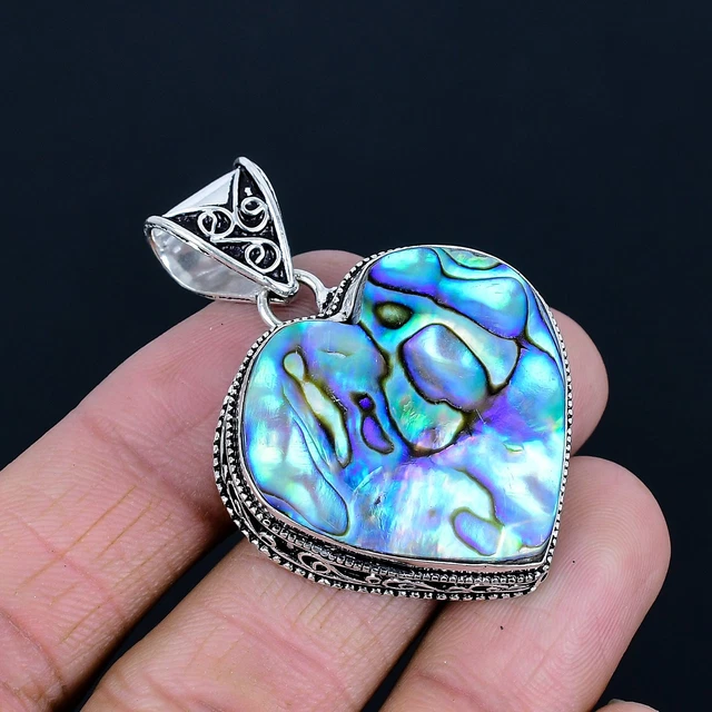 Pendentif Ancien En Argent Sterling 925 Avec Pierre Ammolite Verte - Fait Main, Cœur, Inde