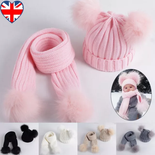 Baby Double Pom Pom Hat Scarf Bobble Beanie Knitted Winter Warm Boy Girl Newborn