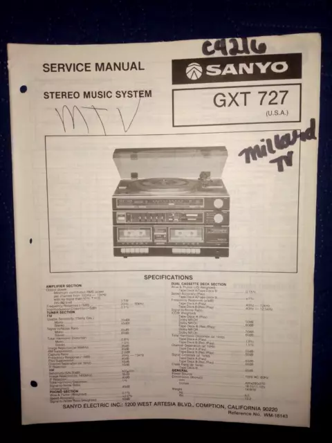 Sanyo Gxt727 Stereo Music System Original Service Manual