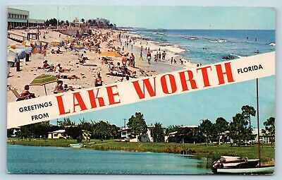 Postcard FL Banner Dual View Greetings From Lake Worth Vintage #2 O11