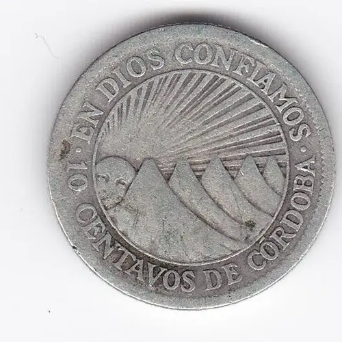1927 Nicaragua 10 Centavos SILVER Coin, low mintage semi-key