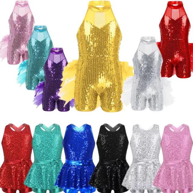 UK Kids Girls Jazz Ballet Dance Dress Shiny Sequins Leotard Performance Costume 2