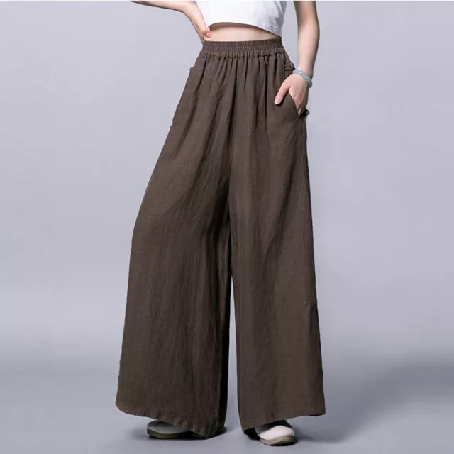 Women Linen Cotton Trousers Loose Baggy Wide Leg Casual Pants Ethnic Style Solid