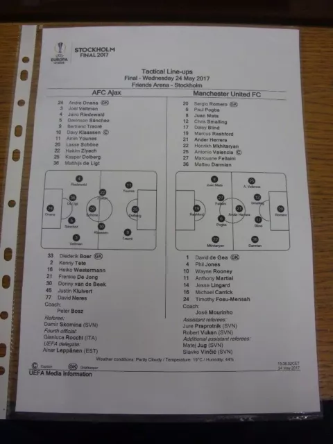 24/05/2017 Colour Teamsheet: UEFA Europa League Final - Ajax v Manchester United