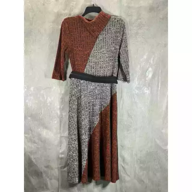 NY COLLECTION Women's Rust/Grey 3/4 Sleeve Belted Colorblocked Cowl-Mask Dress 3