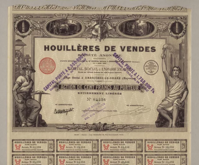 Houilleres de Vendes – Aktie, 100 Francs – Ambrieres, 1925 – Kohlenbergbau .....