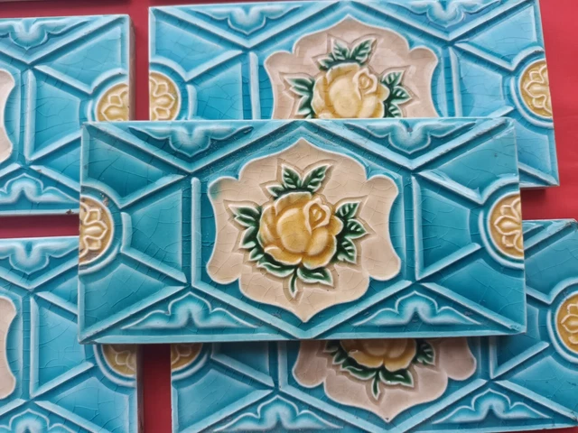 8 Piece Lot Old Art Flower Design Embossed Majolica Ceramic Tiles Japan 0193 7