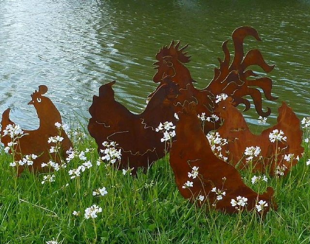 stolzer Hahn & Hühner Gartendekoration im Landhausstil Metall Rost Henne Gockel
