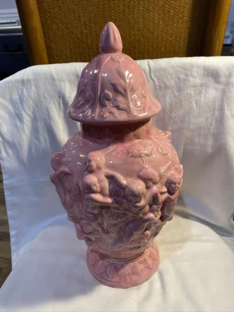 Pink Urn Vase Ginger Jar W Lid Cherubs Angels Art 15” H