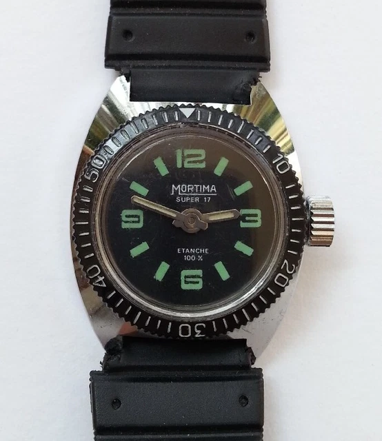 Montre De Plongée Vintage Femme Mortima Super 17 - Mécanique Manuelle - Étanche - Lunette Tournante - Occasion
