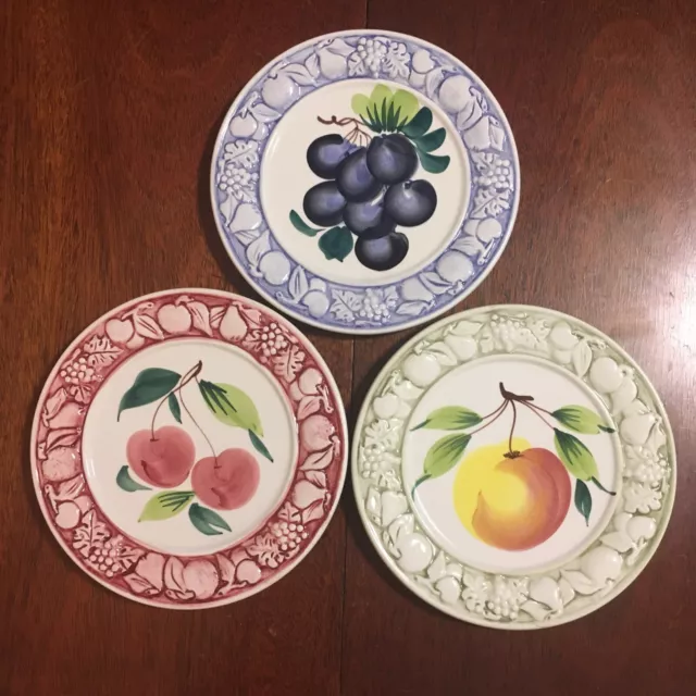 3 Italian Majolica 8” Plates Fruits Cherry Peach Grapes Italy