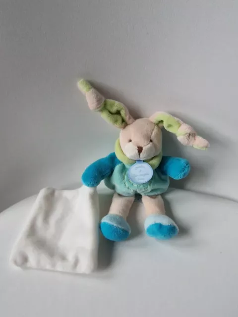 Doudou Et Compagnie Lapin Pantin Boîte Fleur Bleu Vert Mouchoir Blanc Spirale
