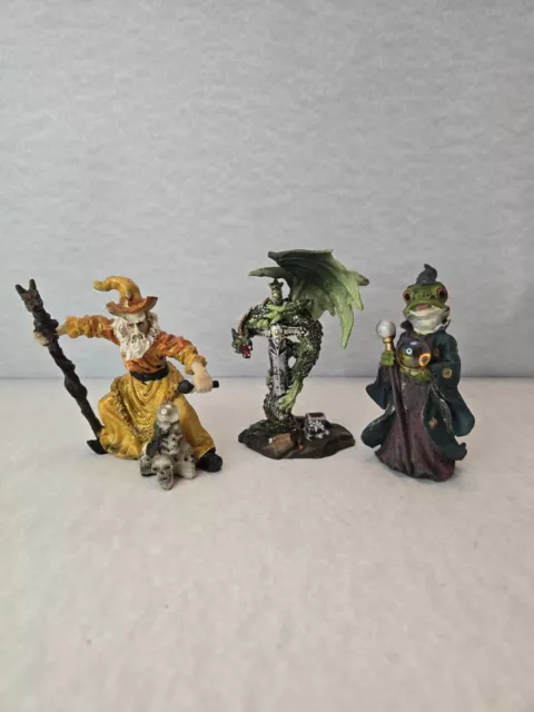 Vintage Set of 3 Wizard Dragon Mythical magic Fantasy Resin Figurines 4"