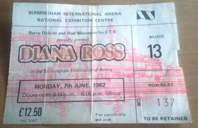 Diana Ross - Concert Ticket - Birmingham NEC Arena - 1982