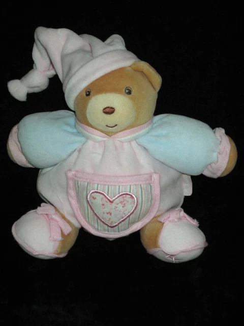 Doudou boule Ours rose bleu avec bonnet et coeur brodé sur poche Kaloo Lilirose