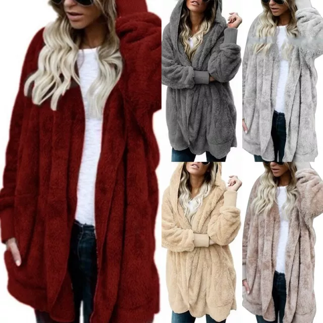 Women's Solid Teddy Bear Coat Cardigan Fleece Fur Hooded Fluffy Jacket Tops Warm