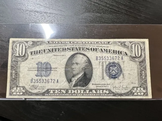 1934 C $10 Silver Certificate Blue Seal Note B35533672A