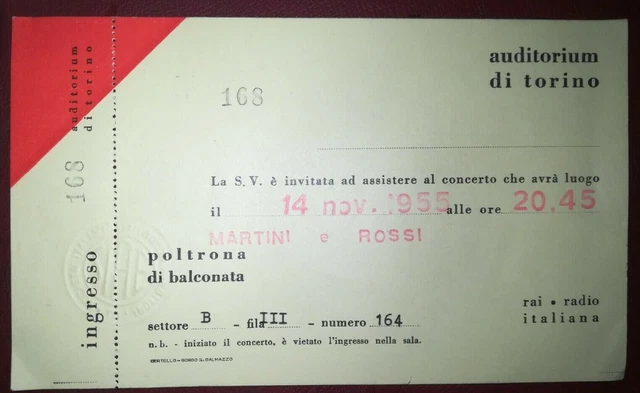 Torino - Auditorium Rai - Biglietto Per Concerto 1955 Martini & Rossi
