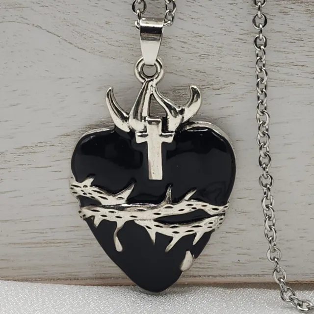 Sacred Heart Necklace Large Ex-Voto Milagro Black Pendant Devotional Necklace