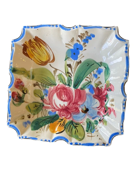 vintage Hand Painted NOVE ROSE Floral Majolica Italian 7" Salad Square Plate
