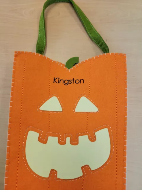 Pottery Barn Kids Glow In The Dark Felt Pumpkin Treat Bag Mono “Kingston” NWOT