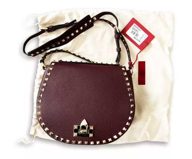 NEW Valentino Garavani Burgundy Pebbled Calfskin Rock-stud Saddle Bag $2,375