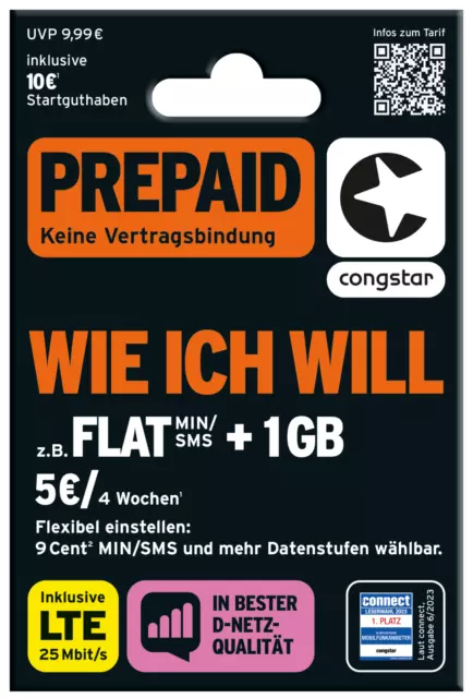 9 Cent Congstar Prepaid Handy Sim Karte✔10 € Guthaben✔T-Mobile Telekom D1 Netz ✔