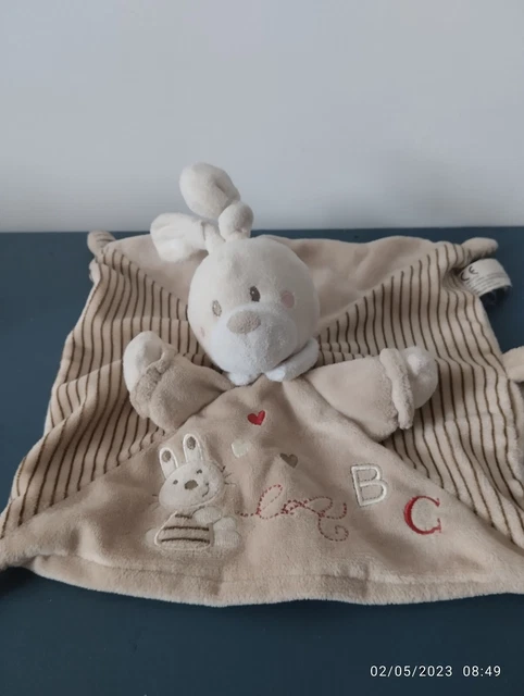 Ca4  Doudou Plat Carré Nicotoy Lapin Marron Abc Coeur  Rayé Tétine  23/23Cm