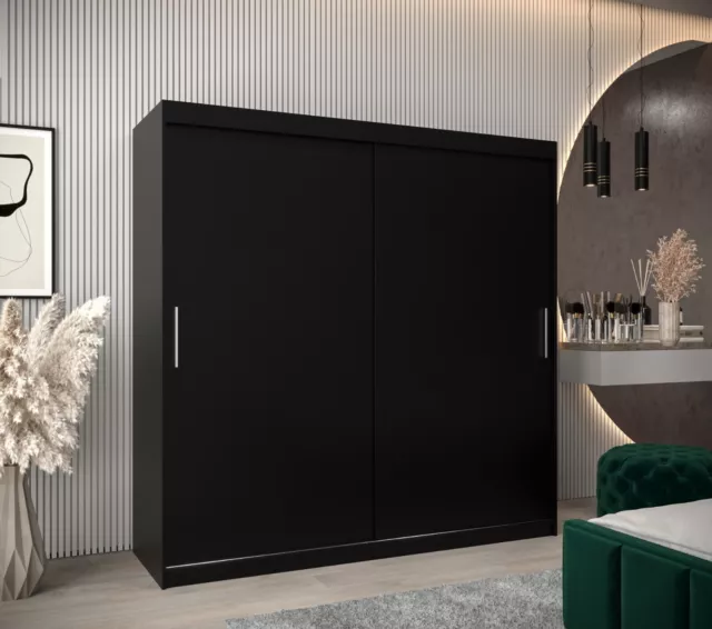 Wardrobe TOKYO 200cm Sliding Doors 2 Rail Shelves Drawers Black White Oak Sonoma