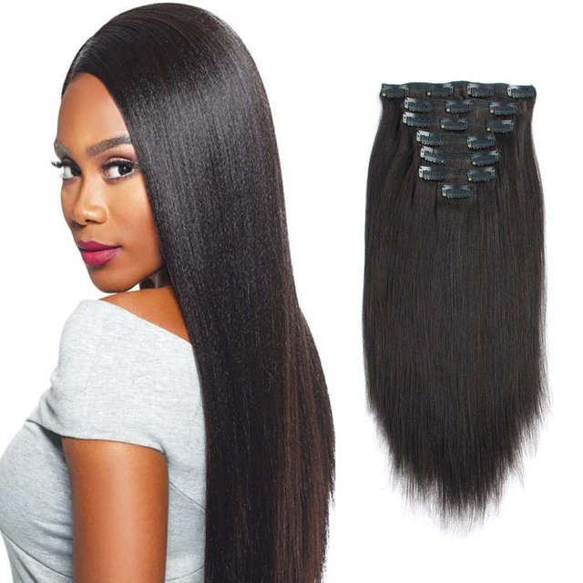 Sassina Clip in Human Hair Extensions Yaki Straight Style Natural Color 16Inch 1