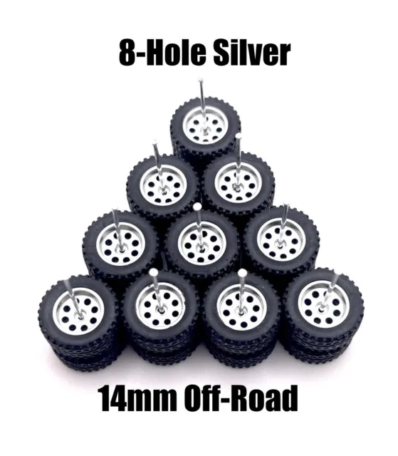 5x Sets Silver 8 Hole 14mm OFF ROAD Real Rider Wheel W/ Rubber 1/64 H0T Wheelz