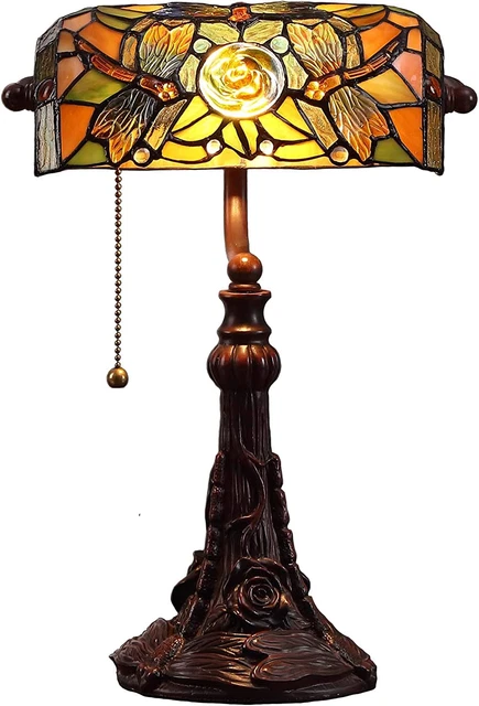 Bieye L10308 Dragonfly Tiffany Style Stained Glass Banker Desk Table Lamp with 1