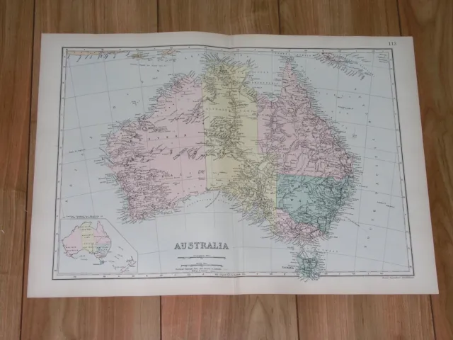 1891 Original Antique Map Of  Australia / Melbourne Sydney Brisbane Perth