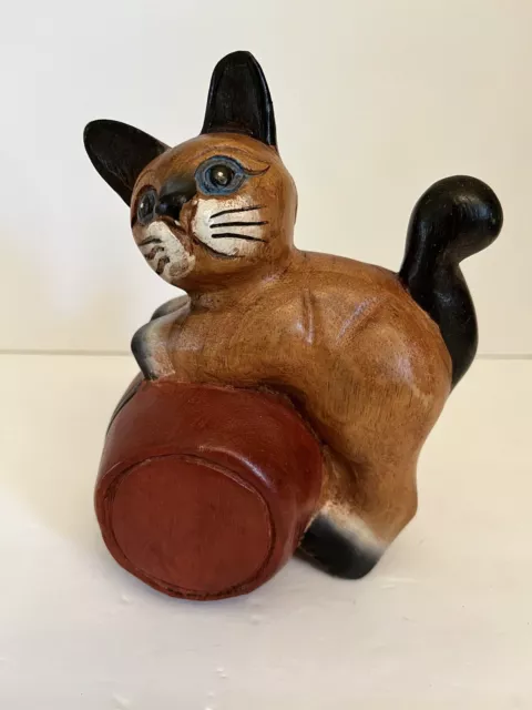 Large Hand Painted Carved Wood Kitty Cat on a Barrel 7”+ Tall Folk Art