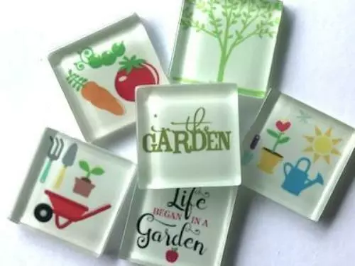 Handmade 'Gardening' Themed Glass Tiles 2.5cm - Mosaic Art Craft Supplies